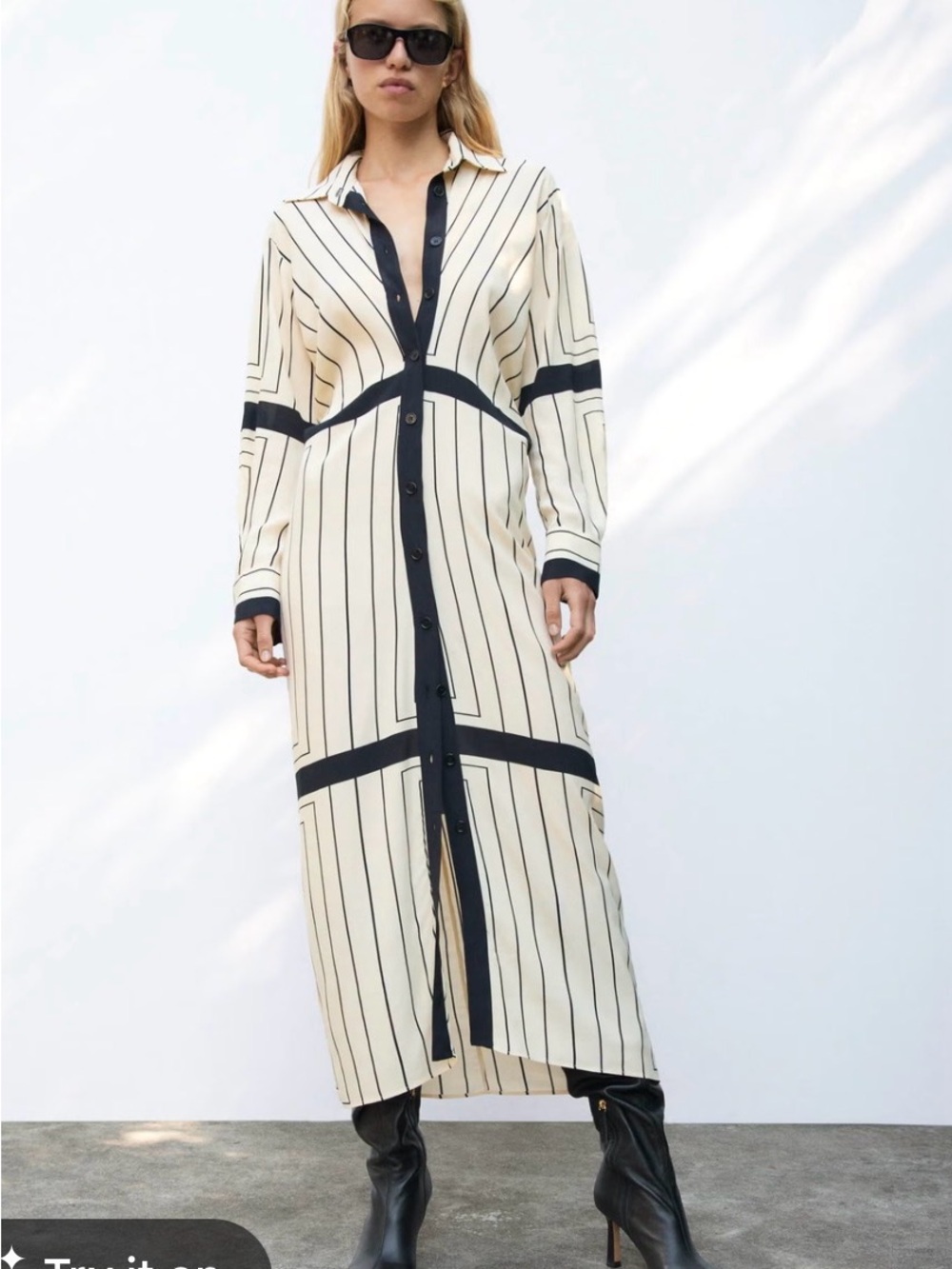 Zara Cream Maxi Shirt Dress with Black Stripe Trim
